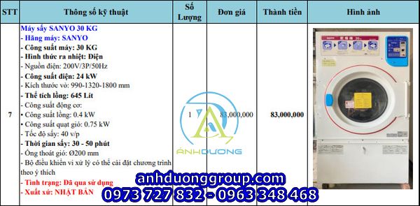 Máy sấy công nghiệp Sanyo 30kg cũ nhật bãi 